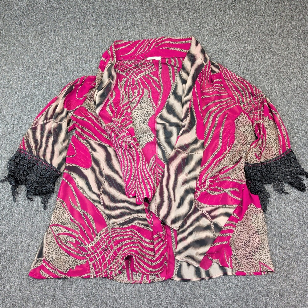 Just Me Y2K Animal Print Kimono OS Pink Leopard Zebra Crochet Lace Boho Cardigan